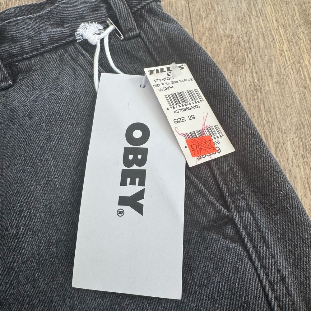 NWT! Obey”Sheep” Embroidered Back Pocket Black Wash High-Rise Denim Shorts - Picture 4 of 6